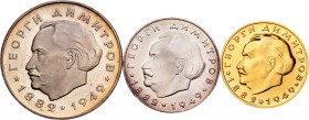 Bulgaria. 1949. Serie de 3 monedas de Bulgaria 2 (8,87 g) y 5 (16,67 g) leva en plata y 10 leva (8,44 g) en oro. A EXAMINAR. UNC. Est...320,00.