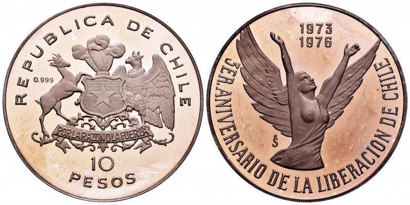 Chile. 10 pesos. 1976. Santiago. (Km-211). Ag. 44,79 g. 3º Aniversario de la Lib...