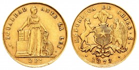 Chile. 2 pesos. 1873. Santiago. (Km-143). (Fr-47). Au. 3,01 g. Choice VF. Est...110,00.