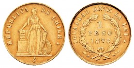 Chile. 1 peso. 1873. Santiago. (Km-140). (Fr-48). Au. 1,46 g. Choice VF. Est...70,00.