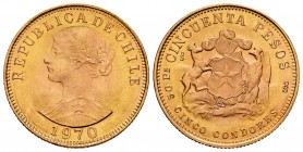 Chile. 50 pesos. 1970. Santiago. (Km-169). Au. 10,15 g. UNC. Est...350,00.