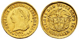 Colombia. 2 pesos. 1871. Medellín. (Km-A154). (Fr-106). Au. 2,98 g. Minor nicks. Choice VF. Est...120,00.