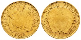 Colombia. 5 pesos. 1913. (Km-195.1). (Fr-110). Au. 7,92 g. Choice F. Est...270,00.