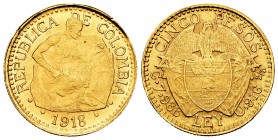 Colombia. 5 pesos. 1918. (Km-195.1). (Fr-110). Au. 7,97 g. Minor nicks on edge. Choice VF. Est...270,00.
