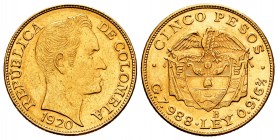 Colombia. 5 pesos. 1920. Bogotá. B. (Km-201.1). Au. 7,98 g. XF. Est...280,00.