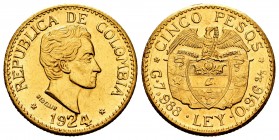 Colombia. 5 pesos. 1924. Medellín. (Km-204). Au. 7,95 g. AU. Est...280,00.