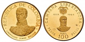 Colombia. 100 pesos . 1969. NI. (Km-240). Au. 4,33 g. Batalla de Boyaca. Soublette. PR. Est...150,00.