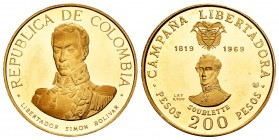 Colombia. 200 pesos . 1969. NI. (Km-239). Au. 8,62 g. Batalla de Boyaca. Soublette. PR. Est...300,00.