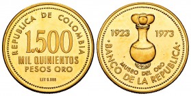 Colombia. 1500 pesos. 1973. (Km-255). (Fr-132). Au. 19,12 g. 50th Aniversario del Museo del oro del Banco Central de Bogotá. Almost UNC. Est...650,00....
