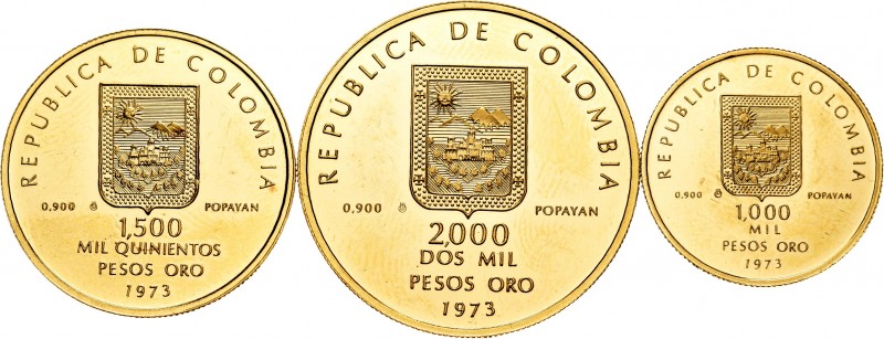 Colombia. 1.000, 1.500 y 2.000 pesos. 1973. (Fr-134). Au. 25,64 g. Hairlines. Al...