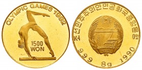 South Korea. 1500 won. 1990. (Km-58). Rev.: Barra de equilibrio. Au. 8,01 g. Juegos Olímpicos 1992 (Barcelona). PR. Est...350,00.