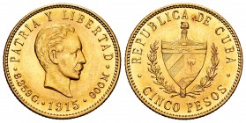 Cuba. 5 pesos. 1915. (Km-19). (Fr-4). Au. 8,36 g. Almost UNC. Est...280,00.