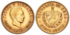 Cuba. 5 pesos. 1915. (Km-19). (Fr-4). Au. 8,33 g. AU. Est...300,00.