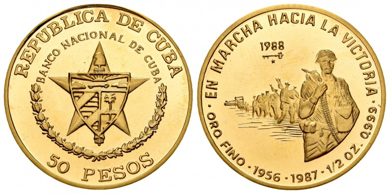 Cuba. 50 pesos. 1988. (Km-208). Au. 15,45 g. 30º Aniversario en marcha hacia la ...