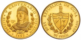 Cuba. 50 pesos. 1990. (Km-300). (Fr-50). Au. 15,53 g. Isabel La Católica. Tirada de 250 ejemplares. PR. Est...600,00.