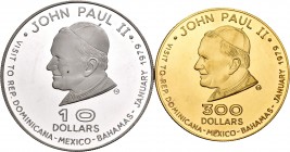 Dominica. Serie de 2 monedas de 10 dollars (20,41 g plata) y 300 dollars (18,05 g oro) de Dominica. Visita del Juan Pablo II 3 noviembre de 1979. A EX...