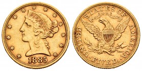 United States. 5 dollars. 1885. Philadelphia. (Km-101). (Fr-147). Au. 8,35 g. Minor nick on edge. Almost XF. Est...300,00.