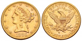 United States. 5 dollars. 1886. San Francisco. S. (Km-101). (Fr-147). Au. 8,34 g. XF. Est...300,00.