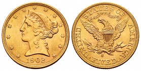 United States. 5 dollars. 1902. San Francisco. S. (Km-101). (Fr-147). Au. 8,38 g. A good sample. Almost UNC. Est...300,00.