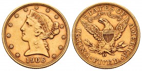 United States. 5 dollars. 1906. Denver. D. (Km-101). (Fr-147). Au. 8,35 g. Choice VF. Est...280,00.