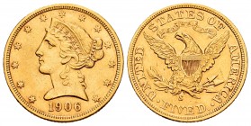 United States. 5 dollars. 1906. San Francisco. S. (Km-101). (Fr-147). Au. 8,32 g. Choice VF. Est...280,00.