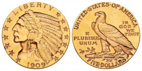 United States. 5 dollars. 1909. Philadelphia. (Km-129). (Fr-150). Au. 8,33 g. XF. Est...300,00.