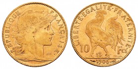 France. 10 francos. 1906. (Km-846). (Fr-597). Au. 3,21 g. VF. Est...100,00.