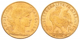 France. 10 francos. 1905. Paris. (Km-846). (Fr-509.1). (Gad-1017). Au. 3,21 g. Almost VF. Est...110,00.