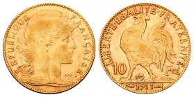 France. 10 francos. 1911. (Km-846). (Fr-597). Au. 3,19 g. Almost VF. Est...100,00.