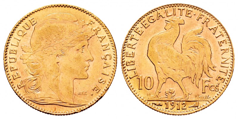 France. 10 francos. 1912. (Km-846). (Fr-597). Au. 3,24 g. VF. Est...120,00.