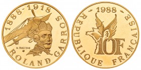 France. 10 francos. 1988. (Km-965c). (Fr-606). (Gad-821). Au. 12,02 g. Roland Garros. Escasa. PR. Est...420,00.