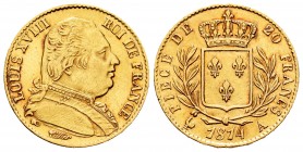 France. Louis XVIII. 20 francos. 1814. Paris. A. (Km-712.1). (Fr-538). (Gad-1028). Au. 6,41 g. Minor nicks on edge. Almost XF. Est...230,00.