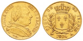 France. Louis XVIII. 20 francos. 1814. Paris. A. (Km-712.1). (Fr-538). (Gad-1028). Au. 6,41 g. Minor nick on edge. Choice VF. Est...220,00.