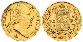 France. Louis XVIII. 20 francos. 1817. Perpignan. Q. (Km-712.7). (Fr-540). (Gad-1028). Au. 6,39 g. Minor nick on edge. Choice VF. Est...220,00.