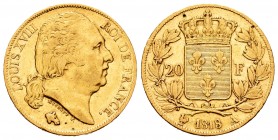 France. Louis XVIII. 20 francos. 1818. Paris. A. (Km-712.1). (Fr-538). (Gad-1028). Au. 6,35 g. Choice VF. Est...220,00.