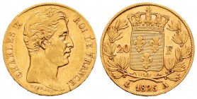 France. Charles X. 20 francos. 1825. Paris. A. (Km-726.1). (Fr-549). (Gad-1029). Au. 6,39 g. Minor nicks. Choice VF. Est...220,00.