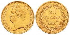 France. Louis Philippe I. 20 francos. 1831. Paris. A. (Km-746.1). (Fr-524.2). (Gad-1030). Au. 6,43 g. Minor nicks on edge. Choice VF. Est...220,00.