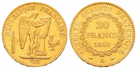 France. II Republic. 20 francos. 1849. Paris. A. (Km-757). (Fr-565). (Gad-1032). Au. 6,41 g. Choice VF. Est...220,00.