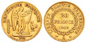 France. II Republic. 20 francos. 1849. Paris. A. (Km-757). (Fr-565). (Gad-1032). Au. 6,36 g. Choice VF. Est...220,00.