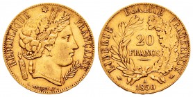 France. II Republic. 20 francos. 1850. Paris. A. (Km-762). (Fr-566). (Gad-1059). Au. 6,40 g. Choice VF. Est...220,00.