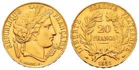 France. II Republic. 20 francos. 1851. Paris. A. (Km-762). (Fr-566). (Gad-1059). Au. 6,42 g. Golpecito en el canto. Almost XF. Est...220,00.