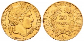 France. II Republic. 20 francos. 1851. Paris. A. (Km-762). (Fr-566). (Gad-1059). Au. 6,43 g. Choice VF. Est...220,00.