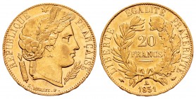 France. II Republic. 20 francos. 1851. Paris. A. (Km-762). (Fr-566). (Gad-1059). Au. 6,39 g. Choice VF. Est...220,00.