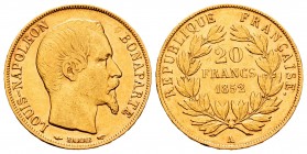 France. Napoleon III. 20 francos. 1852. Paris. A. (Km-781.1). (Fr-573). (Gad-1061). Au. 6,40 g. Choice VF. Est...220,00.