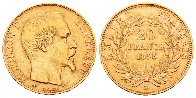 France. Napoleon III. 20 francos. 1855. Strasbourg. BB. (Km-781.2). (Fr-574). (G...