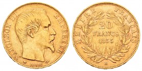 France. Napoleon III. 20 francos. 1855. Strasbourg. BB. (Km-781.2). (Fr-574). (Gad-1061). Au. 6,41 g. Choice VF. Est...220,00.