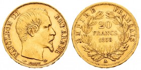 France. Napoleon III. 20 francos. 1858. Paris. A. (Km-781.1). (Fr-573). (Gad-1061). Au. 6,43 g. Choice VF. Est...220,00.