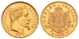 France. Napoleon III. 20 francos. 1865. Paris. A. (Km-801.1). (Fr-584). (Gad-1062). Au. 6,42 g. Almost UNC. Est...220,00.