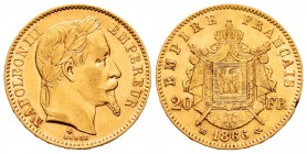 France. Napoleon III. 20 francos. 1866. Strasbourg. BB. (Km-801.2). (Fr-585). (Gad-1062). Au. 6,39 g. Minor nick on edge. XF/Almost XF. Est...220,00.