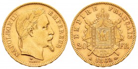 France. Napoleon III. 20 francos. 1869. Paris. A. (Km-801.1). (Fr-532). (Gad-1062). Au. 6,44 g. Almost XF. Est...220,00.